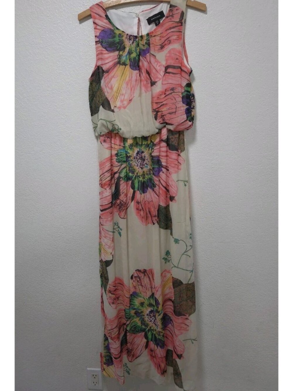 R&M Richards Women Beige Colorful Floral Maxi Elastic Waistband Dress Size 6